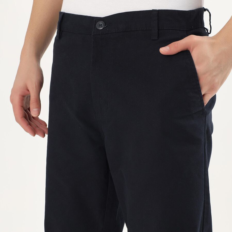Men's Deep Navy Blue Slim Fit Flat-Front Casual Trousers, Navy Blue, large image number null