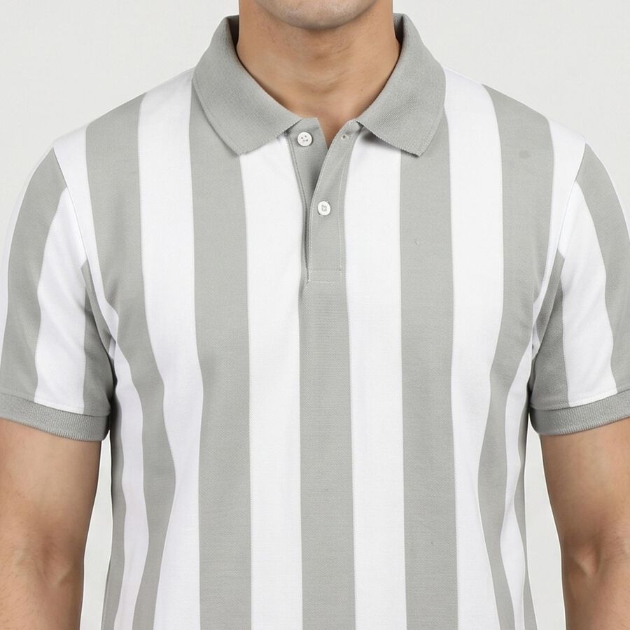 Men's Grey Polo Neck Striped T-Shirt, Light Grey, large