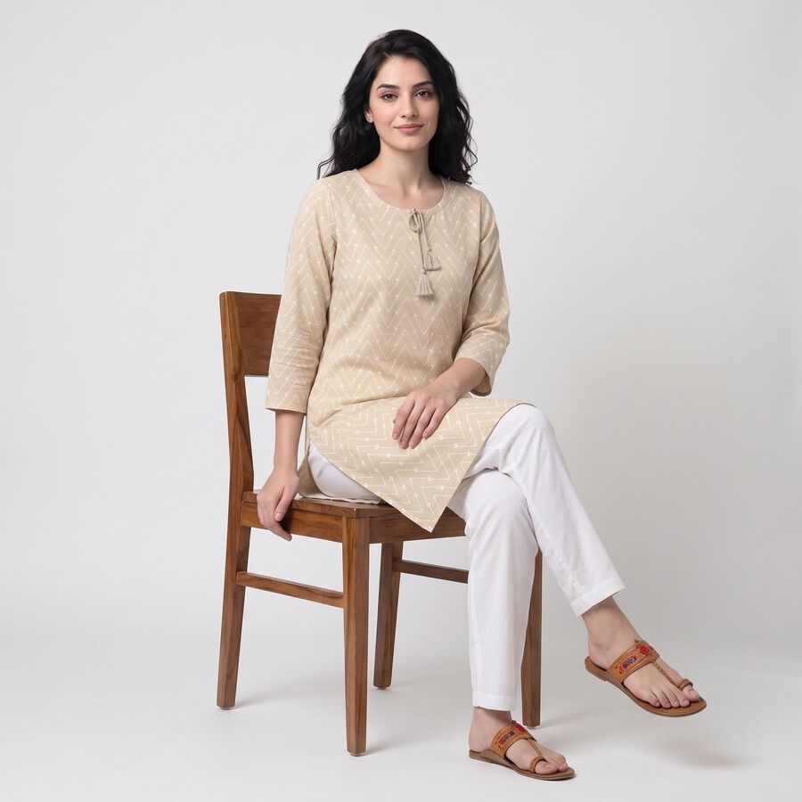 Women's Beige Round Neck Geometric Printed Straight Kurta, गहरा पीला, large