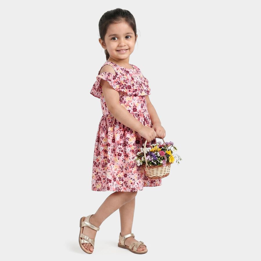 Girls' Pink Floral Printed Fit and Flare Frock, Light Pink, large