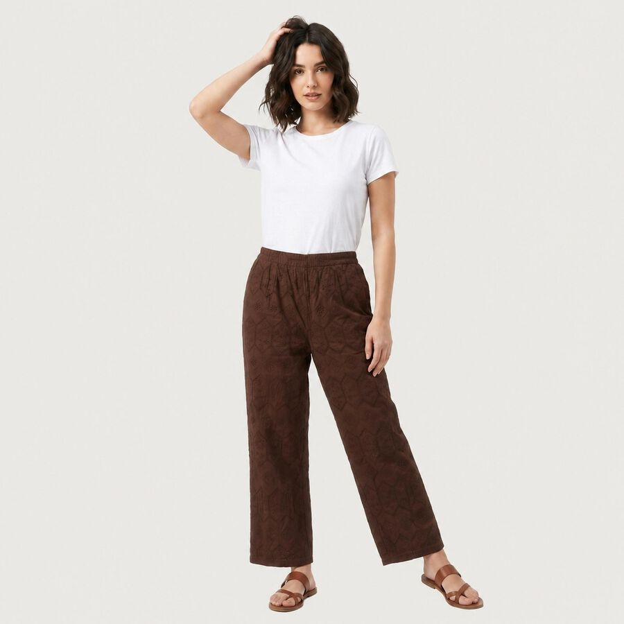 Women's Brown Wide Leg Embroidered Trousers, भूरा, large