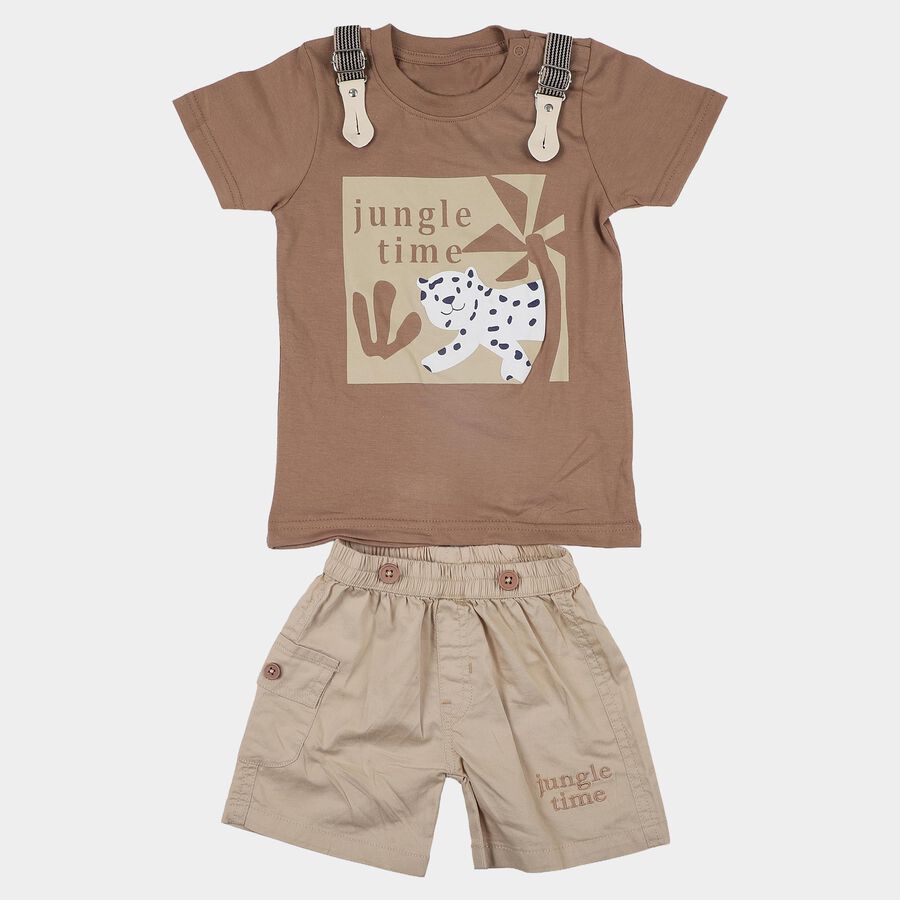 Infants' Beige Cotton Round Neck Baba Suit, Beige, large