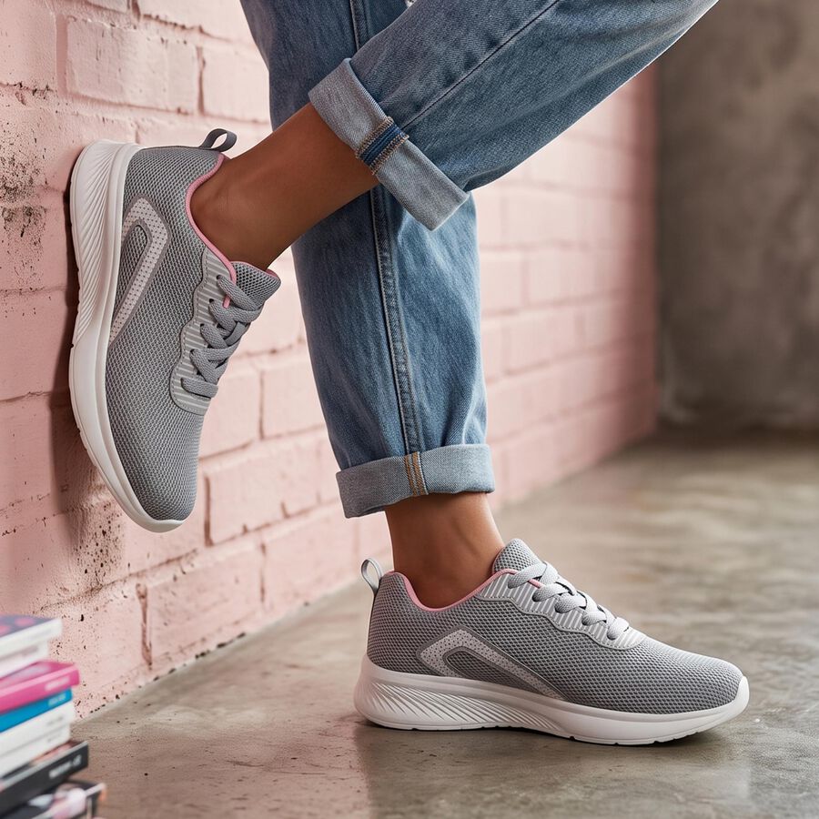 Women's Grey Lace-Up Sneakers, ग्रे, large