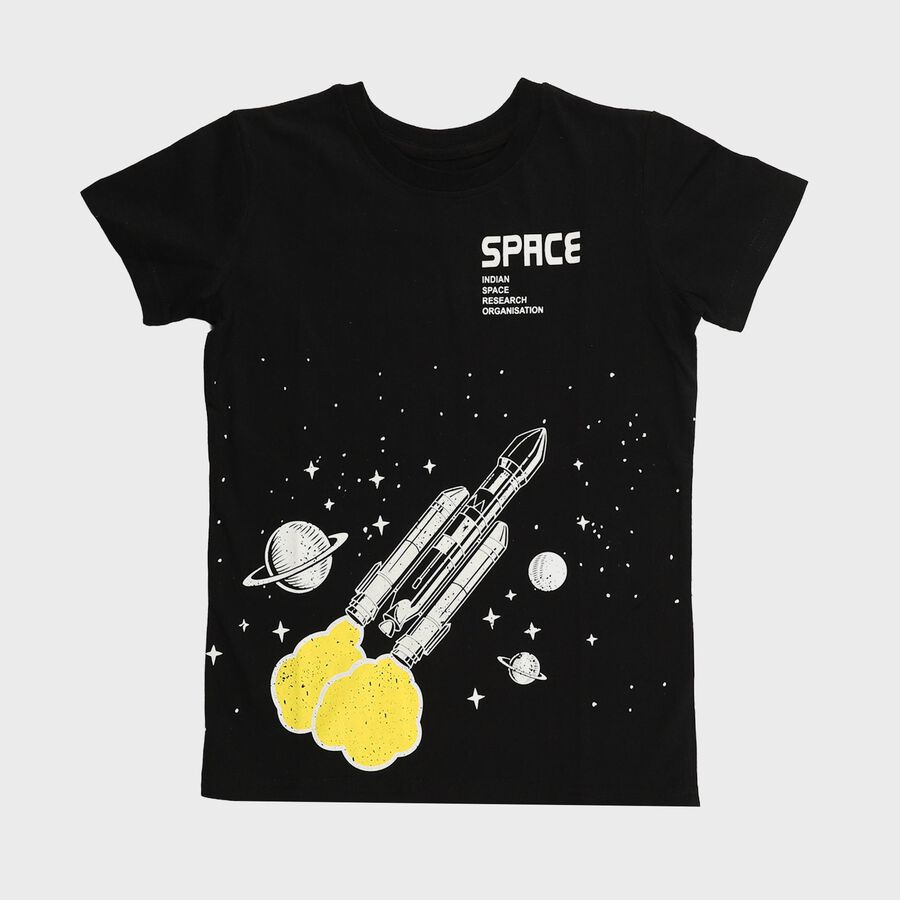 Boys Jet Black Round Neck Casual Half Sleeve T-Shirt, Black, large