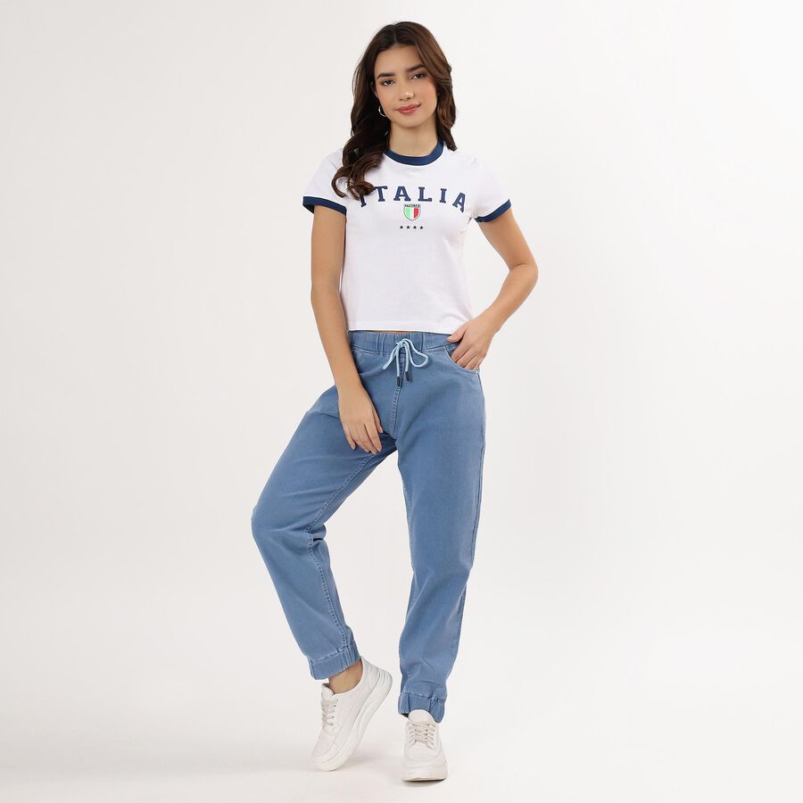 Women's Muted Denim Blue Jogger High-Rise Jeans, Mid Blue, large image number null