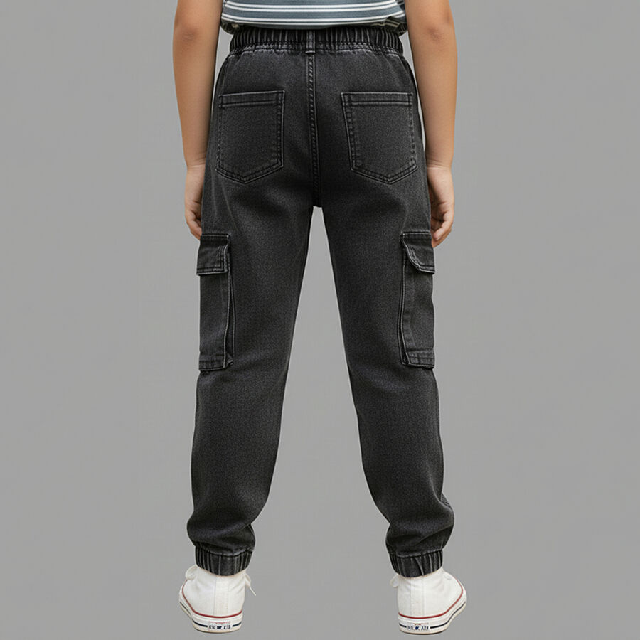 Boys' Charcoal Black Relaxed Fit Cargo Jogger Jeans, काला, large image number null