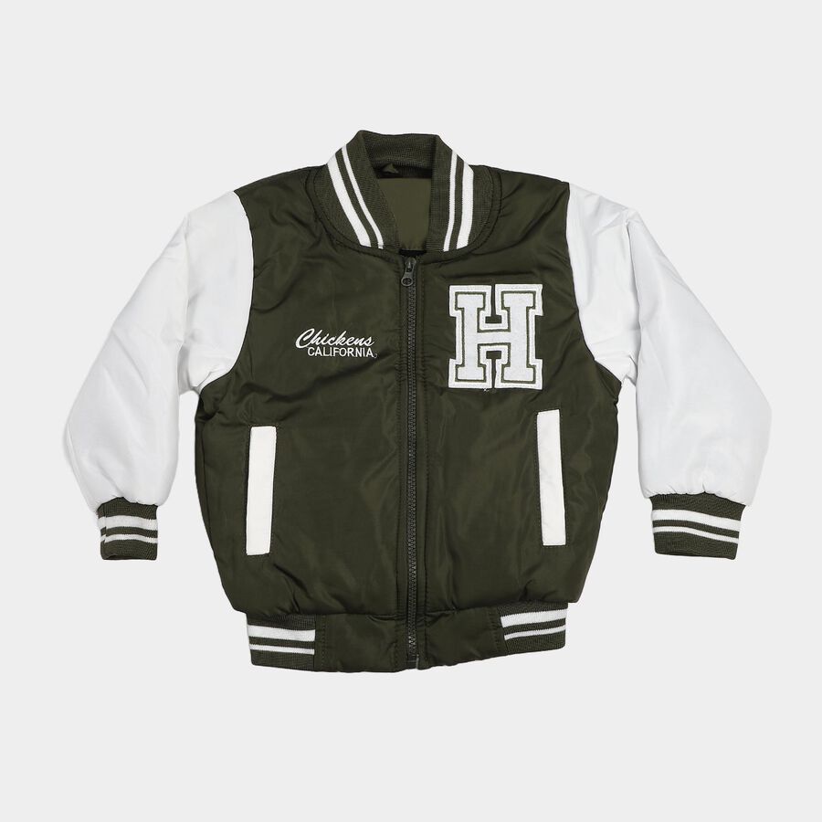 Boys Olive Green Stand Collar Varsity Jacket, Olive, large