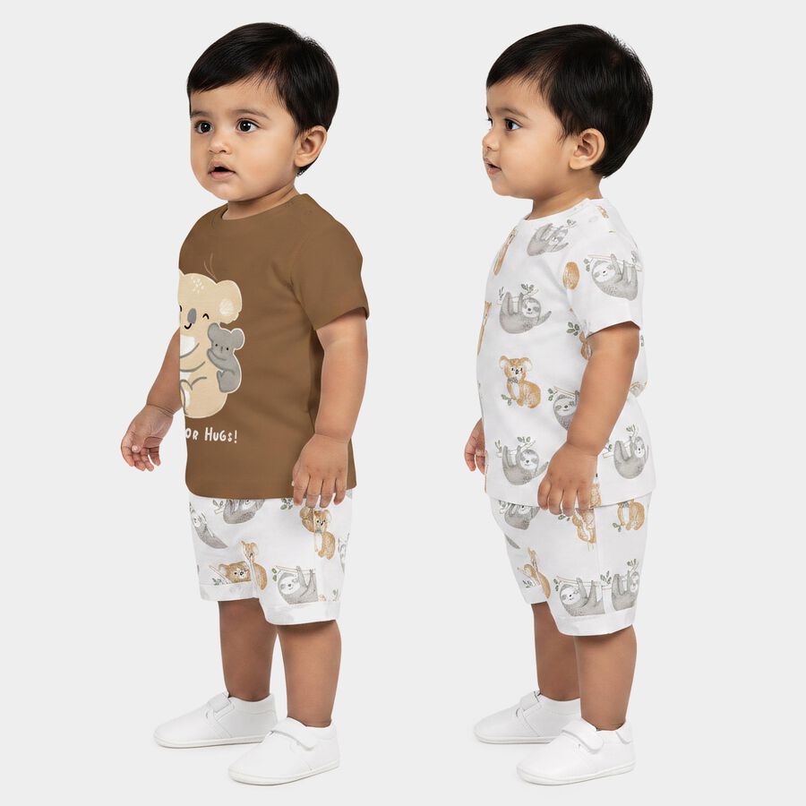 Infants' Beige 100% Cotton Round Neck Printed Baba Suit, गहरा पीला, large
