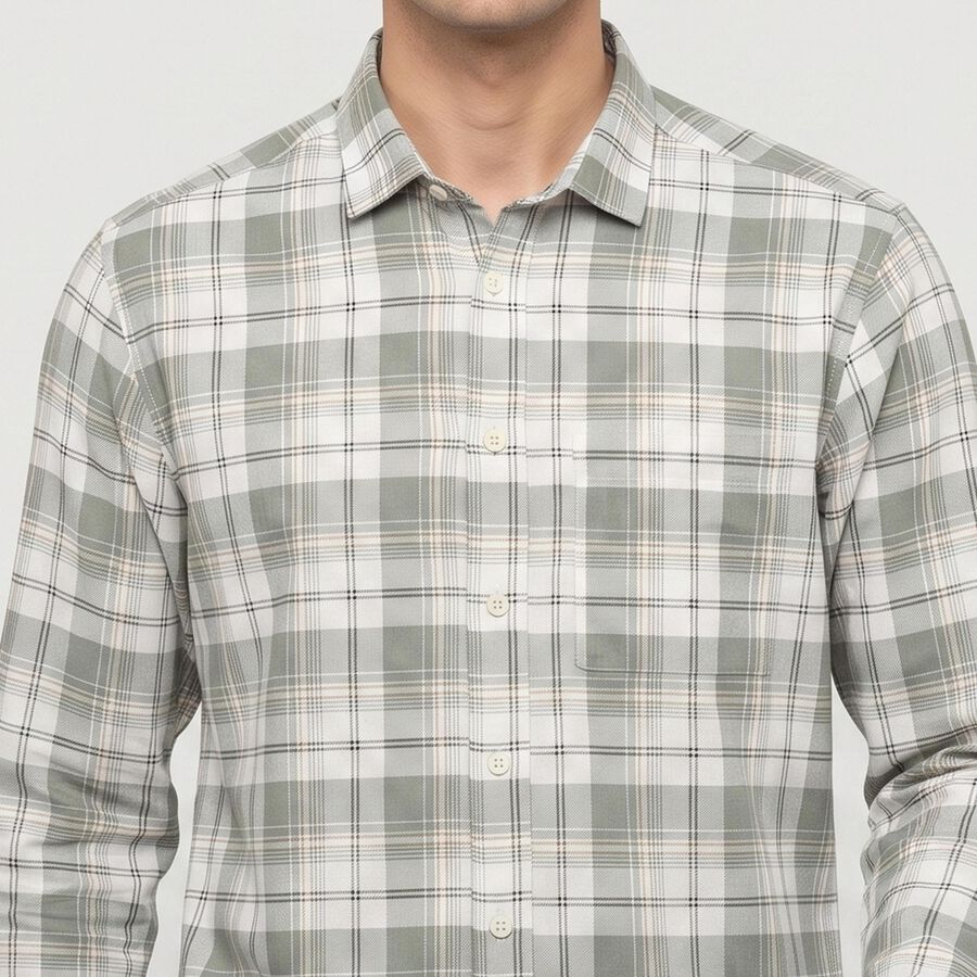 Men's Green Cotton Long Sleeves Spread Collar Shirt, हल्का हरा, large