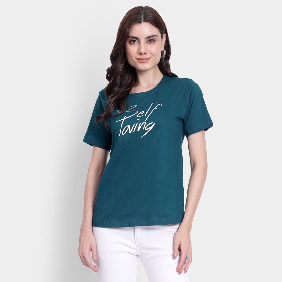 Ladies' 100% Cotton Round Neck T-Shirt, गहरा हरा, large image number null