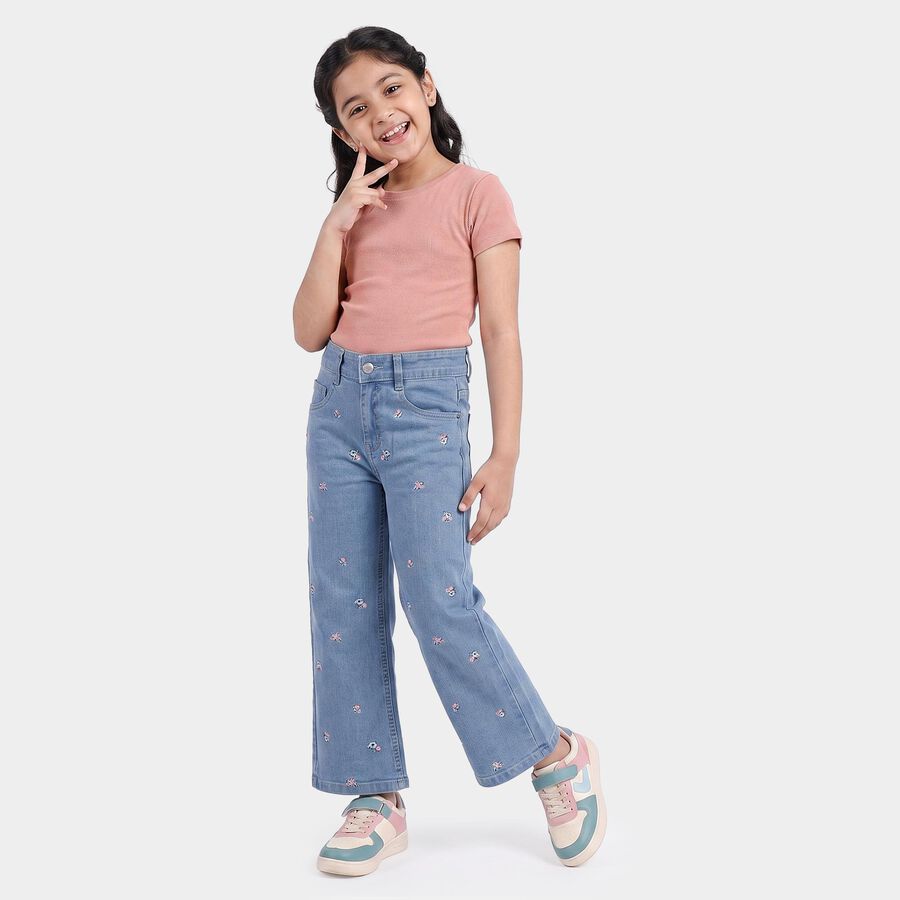 Girls' Light Blue Straight Fit Embroidered Jeans, मिश्रित नीला, large