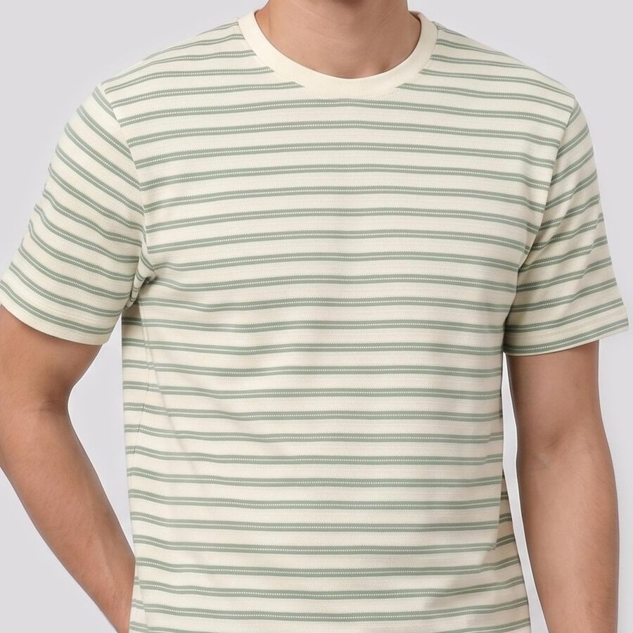 Men's Green Round Neck Striped Regular T-Shirt, हल्का हरा, large