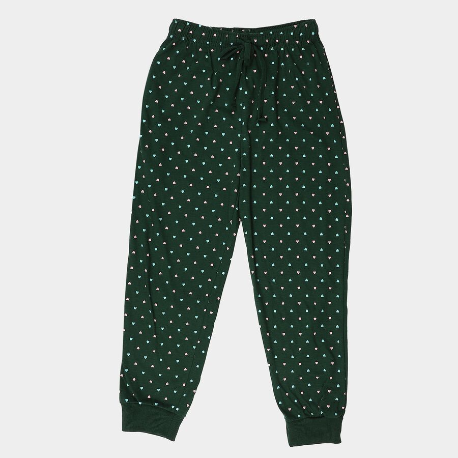 Girls Green Jogger Fit Heart Printed Cotton Blend Pyjama, Dark Green, large