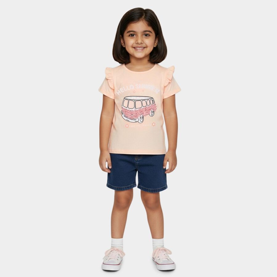 Girls' Pink Cotton Round Neck Casual T-Shirt, हल्का गुलाबी, large