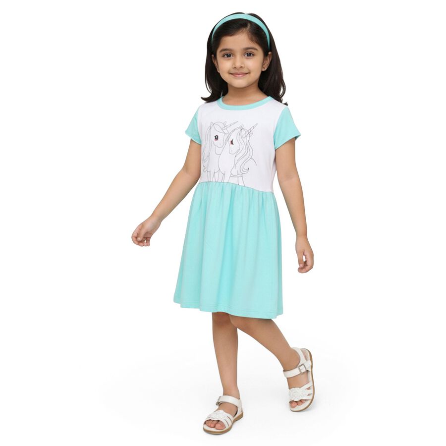 Girls' Aqua Blue and White Unicorn Printed Flared Frock, Aqua, large image number null