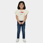 Girls Beige Round Neck Ruffle Sleeve Graphic T-Shirt, Beige, small