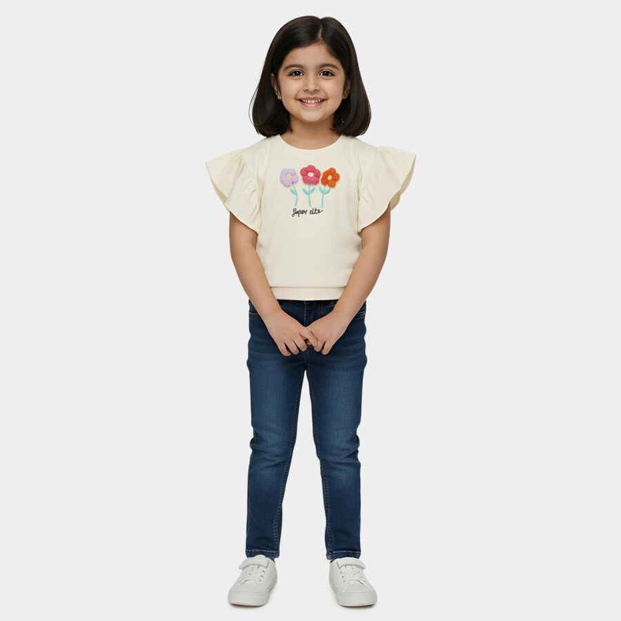 Girls Beige Round Neck Ruffle Sleeve Graphic T-Shirt, Beige, large