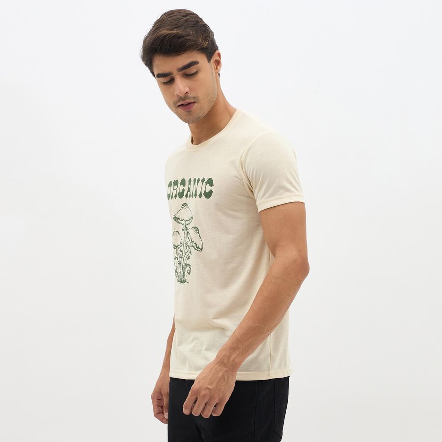 Men's Light Beige Round Neck Casual Printed T-Shirt, Ecru Melange, large image number null