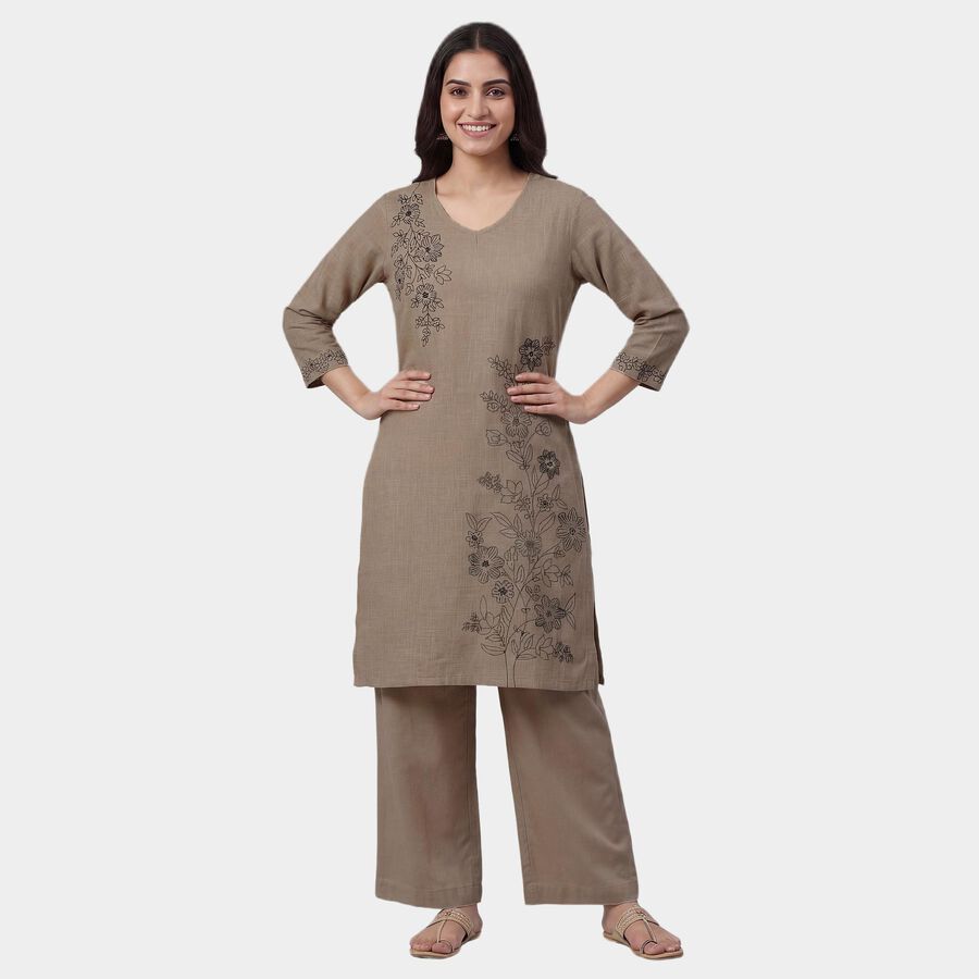 Women's Beige 100% Cotton Round Neck Straight Kurta, गहरा पीला, large