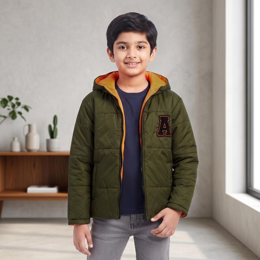 Boys Olive Green Hooded Puffer Jacket, Olive, large