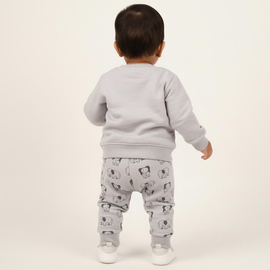 Infants' Light Grey Round Neck Elephant Printed Baba Suit, Light Grey, large image number null
