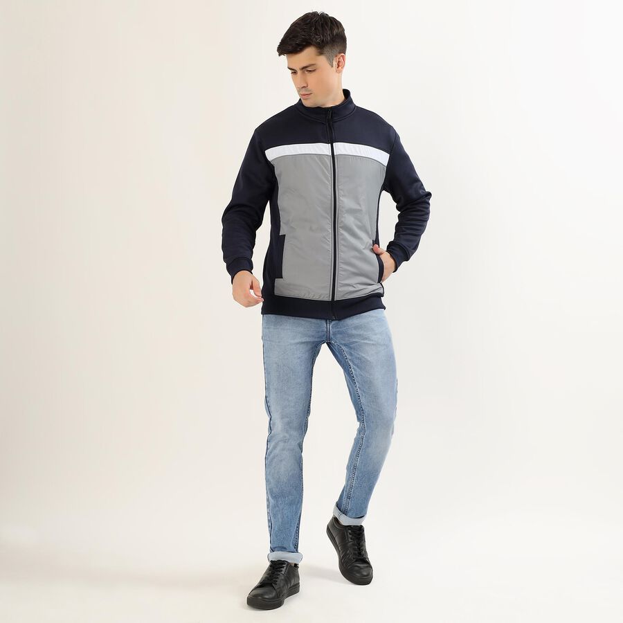 Men's Dark Navy Blue and Light Grey High Neck Casual Sweatshirt, Light Grey, large image number null
