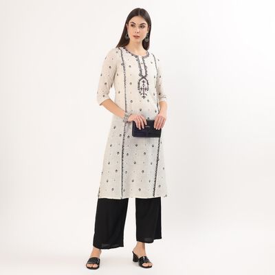 Women's Black Cotton Round Neck Solid Kurta