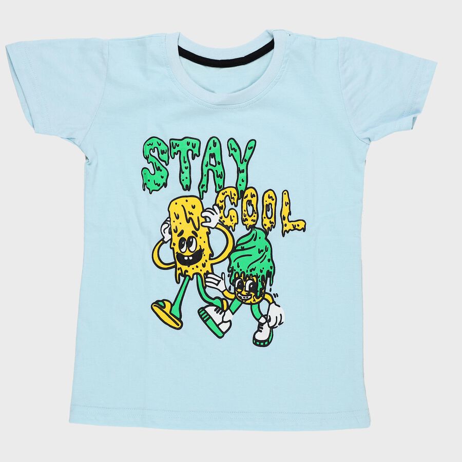 Boys' Light Blue Cotton Round Neck Cartoon Printed T-Shirt, Light Blue, large