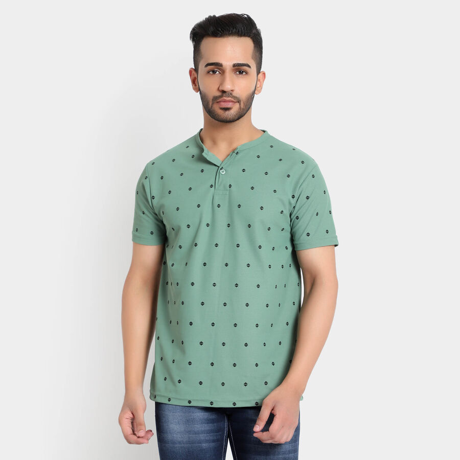 Printed Henley T-Shirt, गहरा हरा, large image number null
