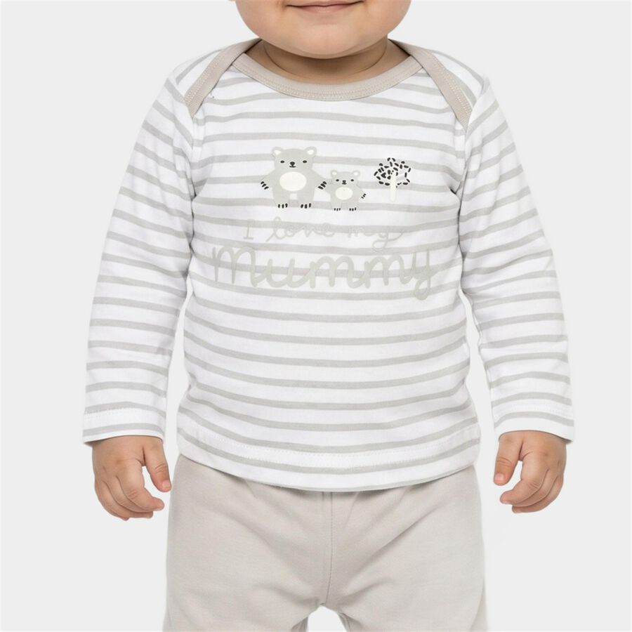 Infants' Grey 100% Cotton Round Neck Striped Baba Suit, हल्का ग्रे, large