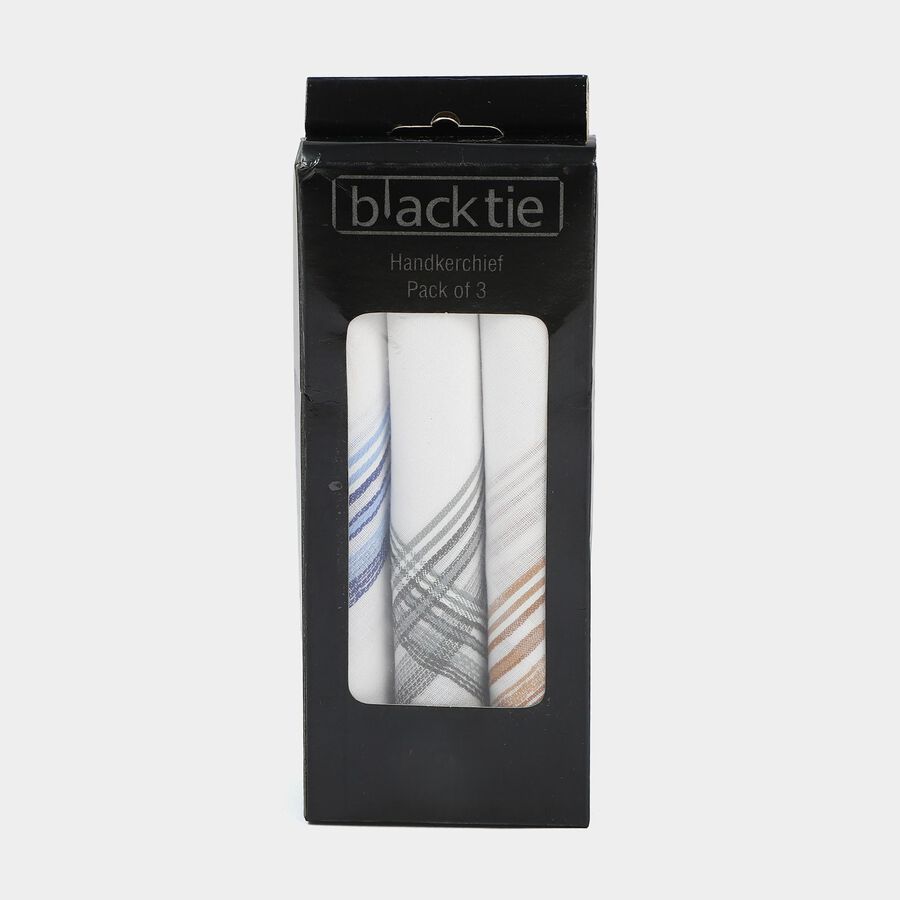 Men's White Striped Pack of 3 Handkerchief, White, large