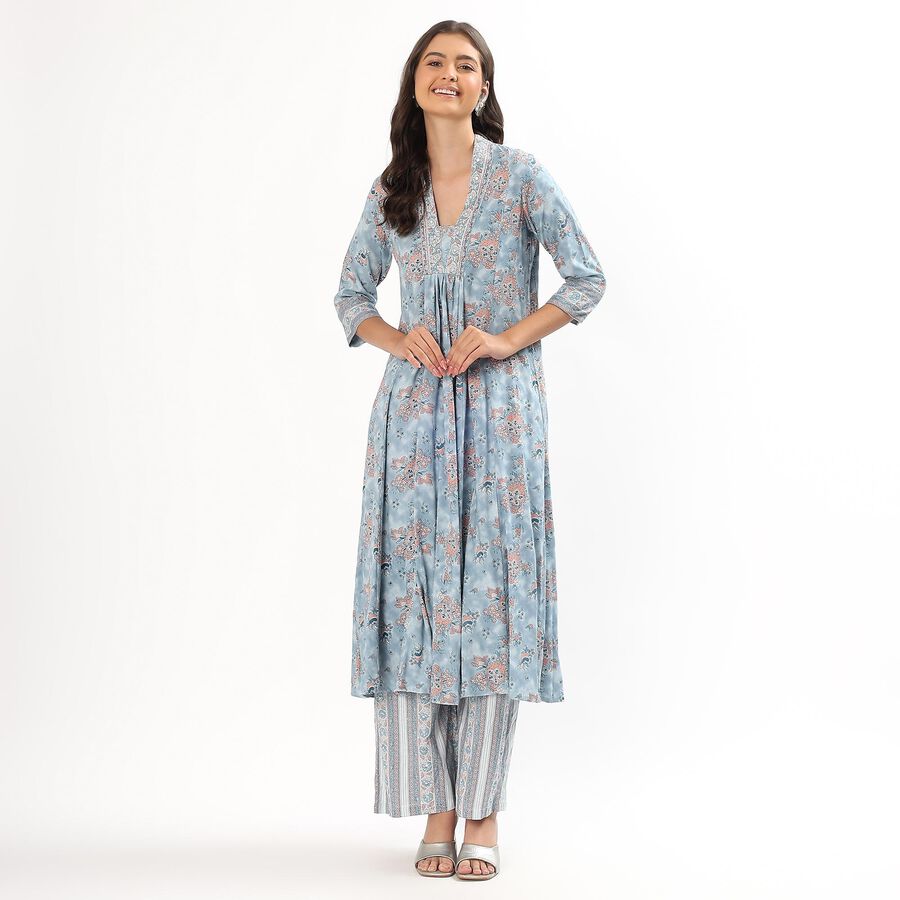 Women's Pale Powder Blue Notch Neck Floral Embroidered Kurta, Light Blue, large