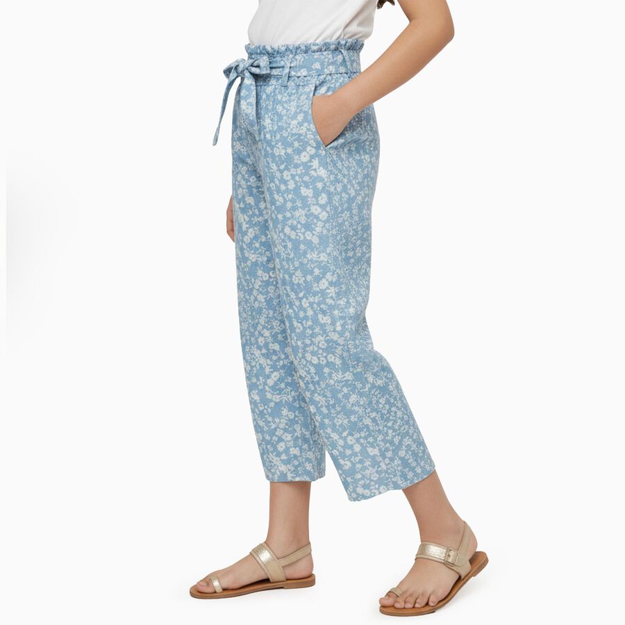 Girls' Light Blue Floral Printed Tie-Waist Capri, Light Blue, large