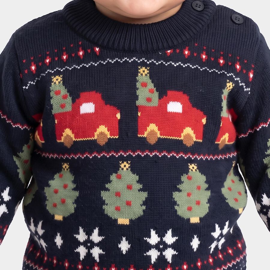 Infants' Navy Blue Crew Neck Printed Pullover, नेवी ब्लू, large