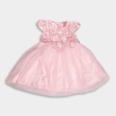 Girls' Soft Pink Floral Embroidered Party Wear Frock