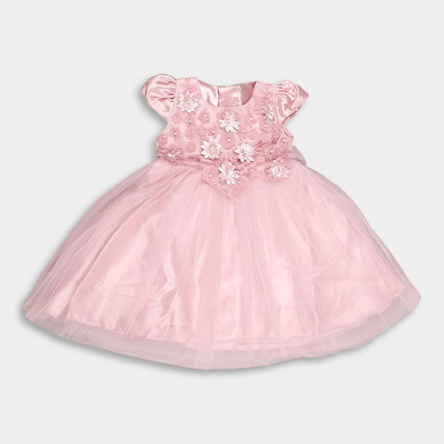 Girls' Soft Pink Floral Embroidered Party Wear Frock, Pink, large image number null