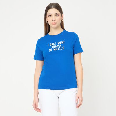 Women's Bright Blue Round Neck Casual T-Shirt
