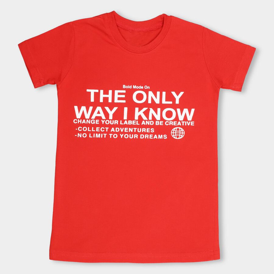 Boys Bright Cherry Red Round Neck Casual Half Sleeve T-Shirt, Red, large image number null