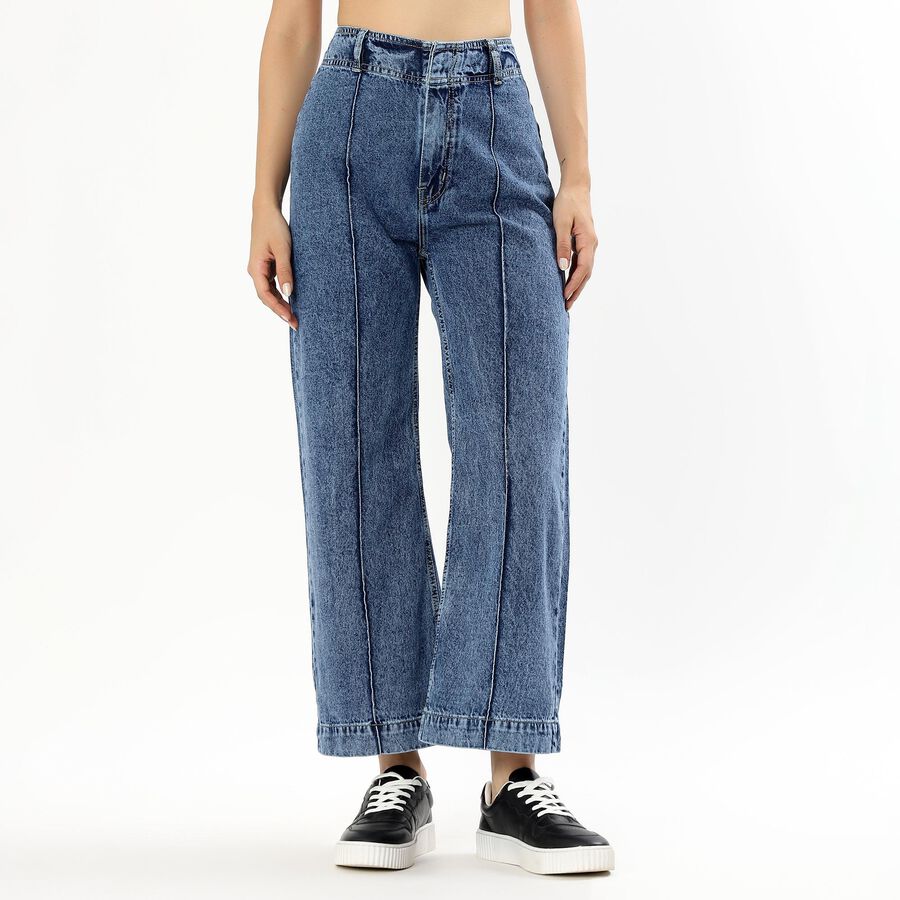 Women's Stonewashed Blue Wide-Leg High-Rise Jeans, मध्यम नीला, large image number null