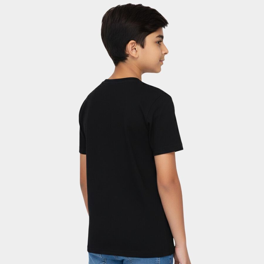 Boys' Black Cotton Round Neck Graphic Printed T-Shirt, Black, large