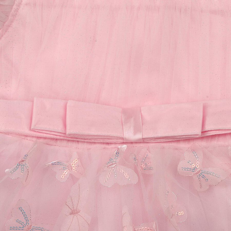 Girls Pink Fit and Flare Butterfly Applique Party Wear Frock, गुलाबी, large
