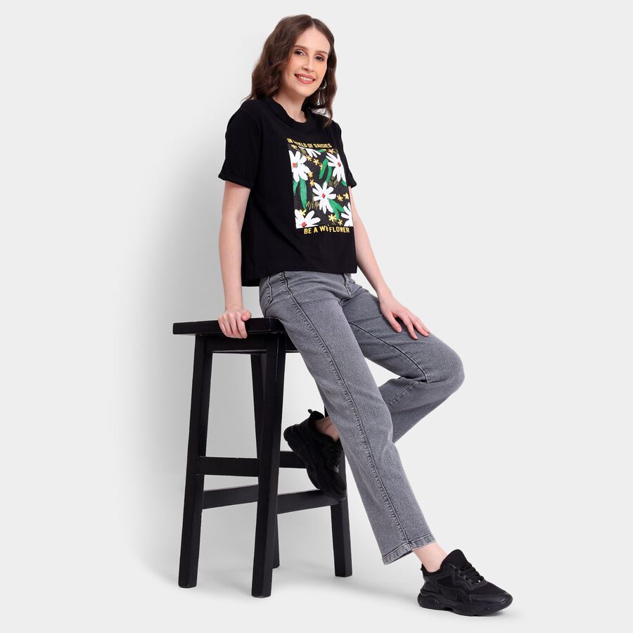 Ladies' Round Neck T-Shirt, काला, large image number null