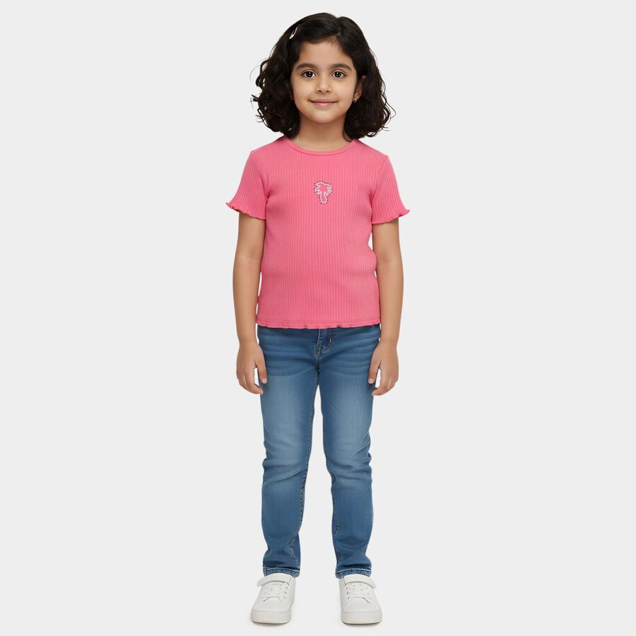 Girls Pink Cotton Round Neck Casual T-Shirt, गुलाबी, large
