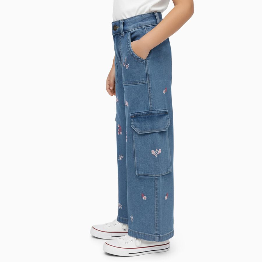 Girls' Light Blue Wide Leg Embroidered Cargo Jeans, Mid Blue, large