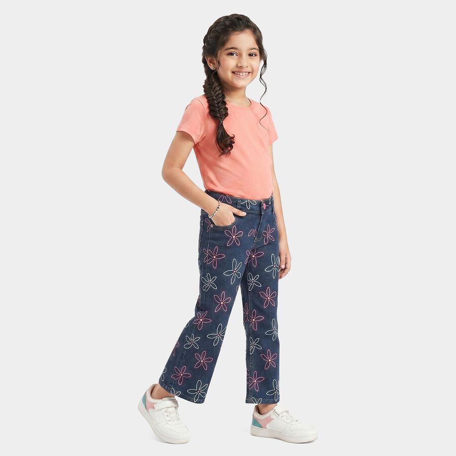 Girls' Navy Blue Straight Fit Printed Jeans, Dark Blue, large