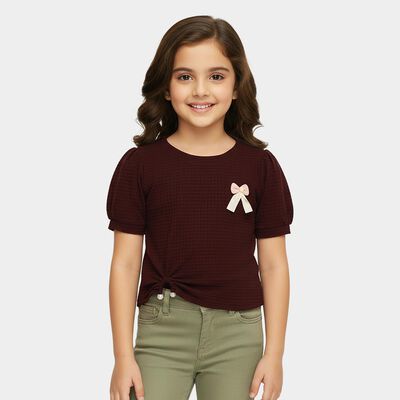 Girls' Maroon Mock Neck Ruffle Detail T-Shirt