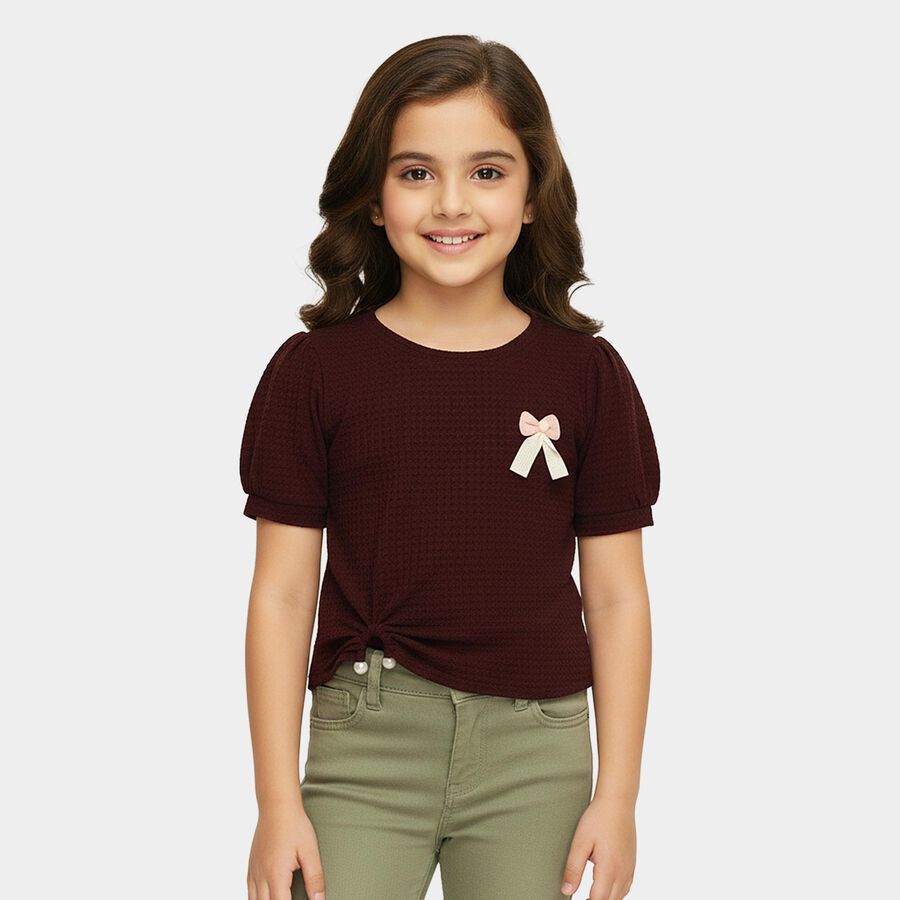Girls' Maroon Mock Neck Ruffle Detail T-Shirt, Wine, large
