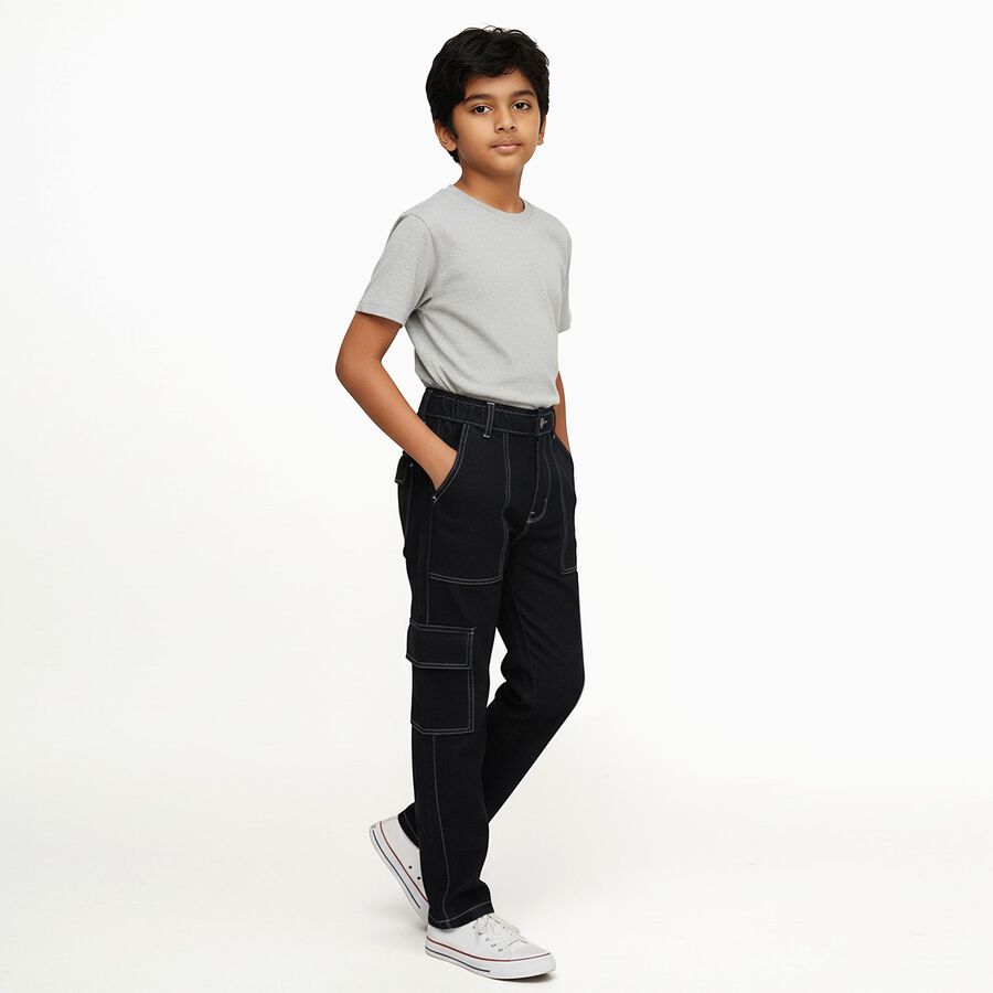 Boys Jet Black Regular Fit Cargo Jeans, Black, large image number null