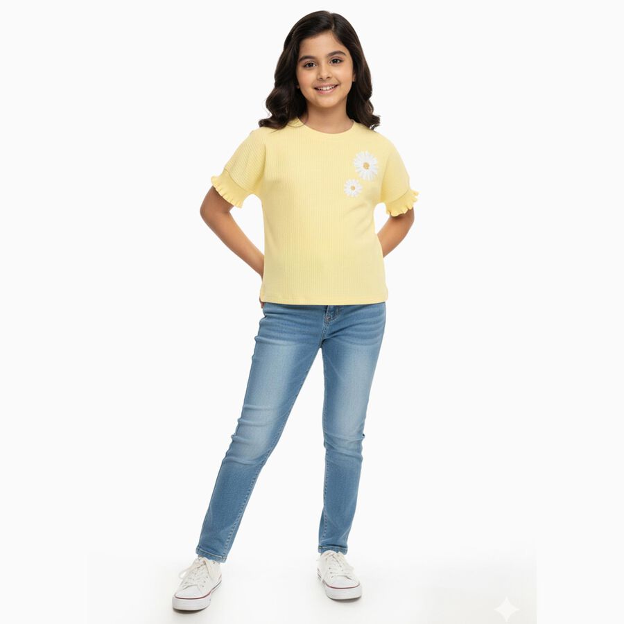 Girls Light Yellow Cotton Round Neck Casual T-Shirt, Yellow, large image number null