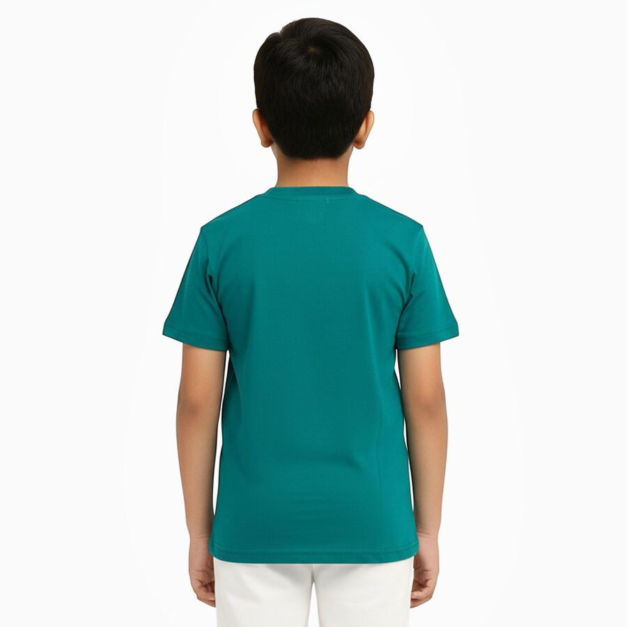Boys Vibrant Teal Green Crew Neck Casual T-Shirt, गहरा हरा, large image number null